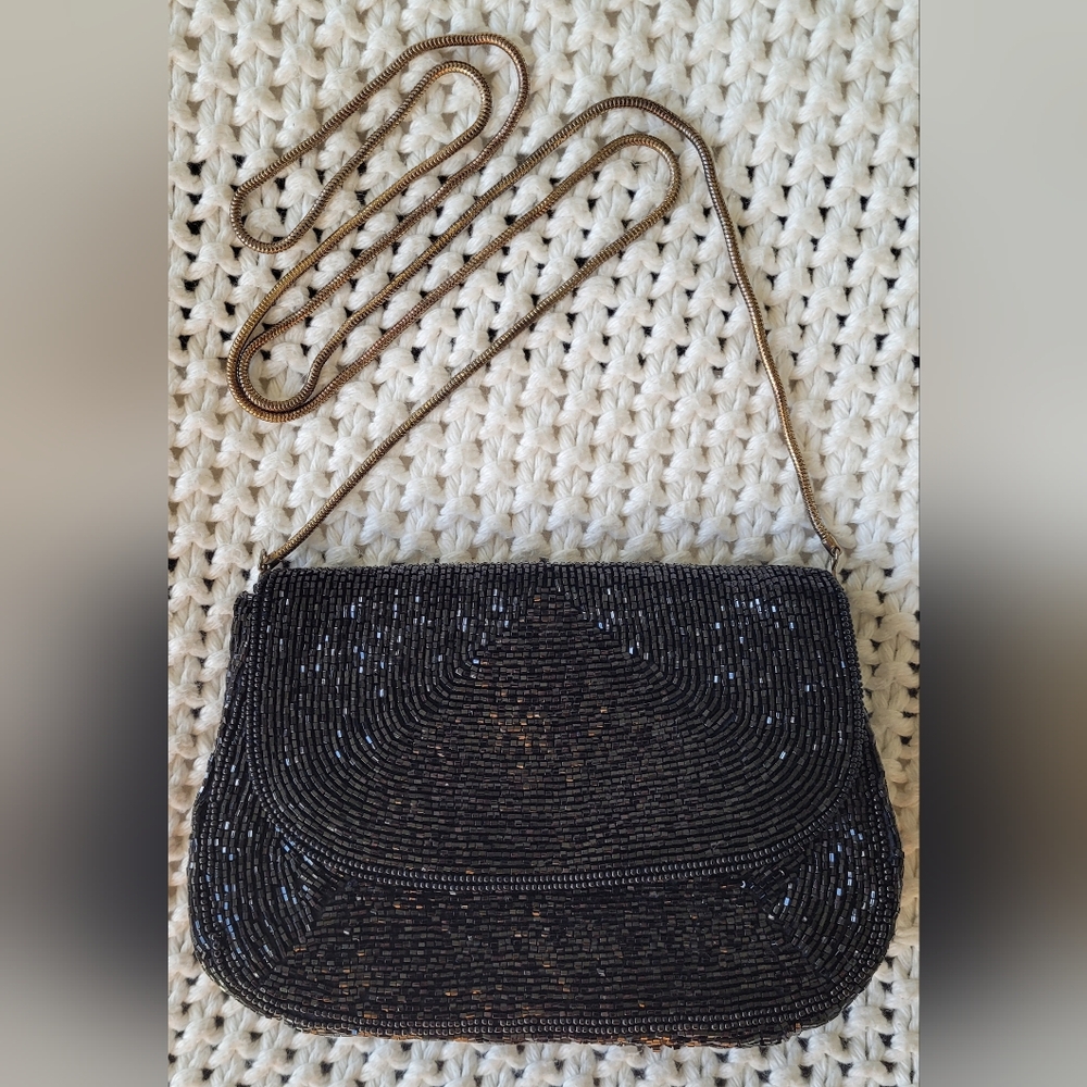 Nordstrom Vintage 80s Black Beaded Clutch/Crossbody Bag With Metal Strap